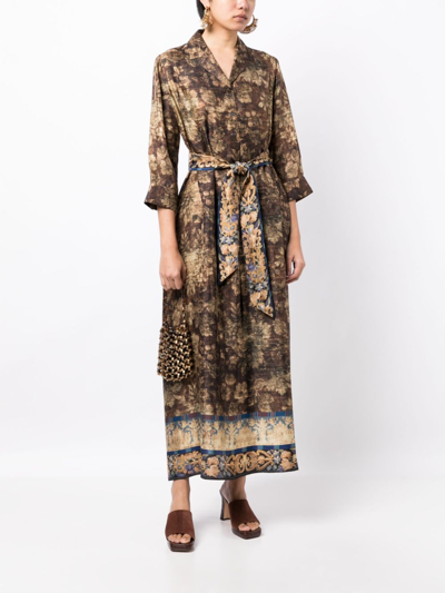 Shop Pierre-louis Mascia Graphic-print Silk Shirt Dress In Brown