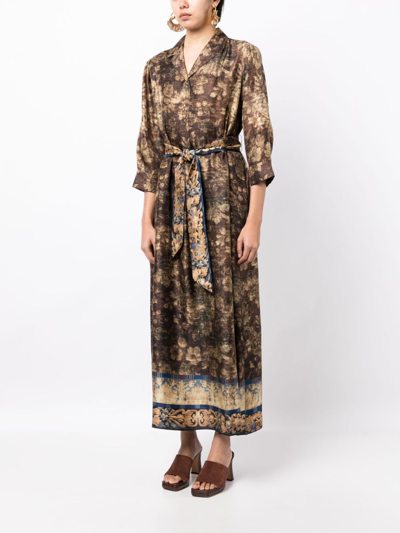 Shop Pierre-louis Mascia Graphic-print Silk Shirt Dress In Brown