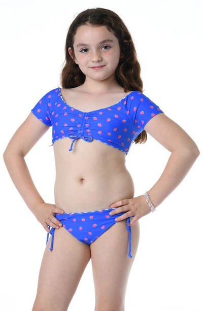 Shop Hobie Kids' Strawberry Ruched Reversible Two-piece Swimsuit In Sea Blue