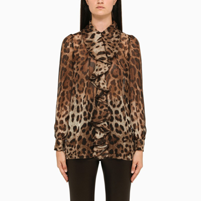 Shop Dolce & Gabbana Silk Blouse With Animal Motif In Brown