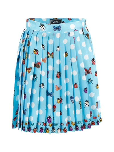 Shop Versace Polka Dots Pleated Mini Skirt In Blue
