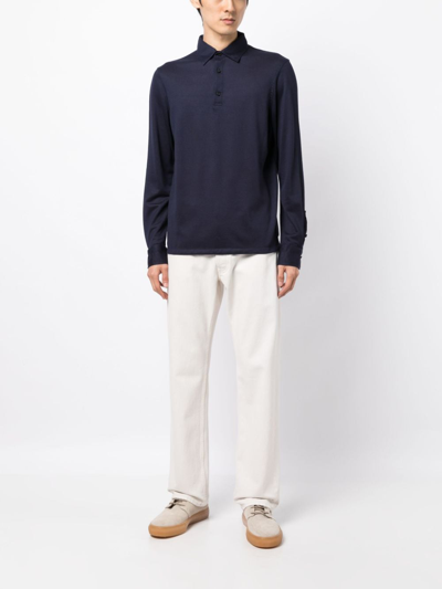 Shop Isaia Fine-knit Wool Polo Shirt In Blue