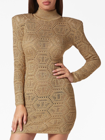 Philipp Plein Monogram-pattern Crochet-knit Minidress In Gold