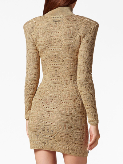 Philipp Plein Monogram-pattern Crochet-knit Minidress In Gold