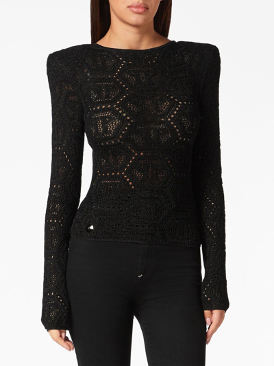 Philipp Plein Lurex Padded Shoulder Sweater Hexagon In Black