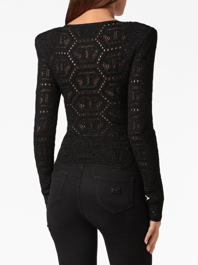 Philipp Plein Lurex Padded Shoulder Sweater Hexagon In Black
