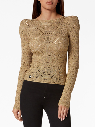 Shop Philipp Plein Logo-embroidered Knitted Top In Gold