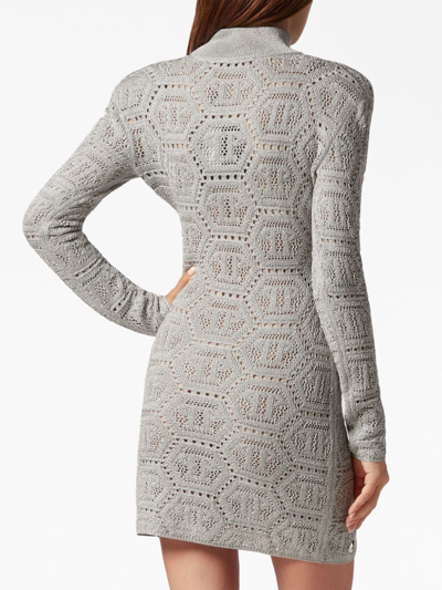 Shop Philipp Plein Monogram-pattern Crochet-knit Minidress In Grey