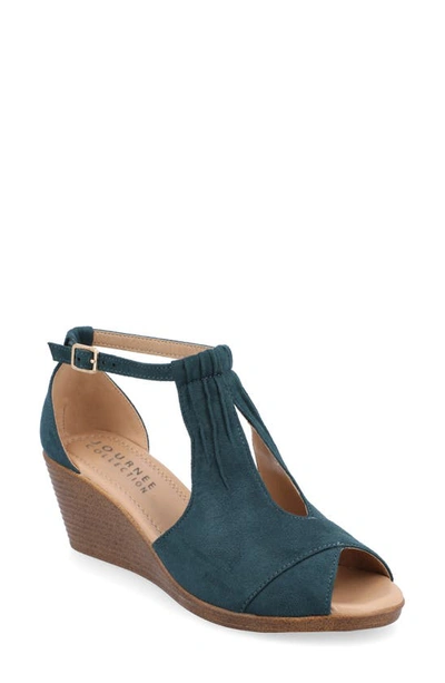 Journee Collection Womens Kedzie Medium And Wide Width Buckle Open Toe Wedge In Blue-green