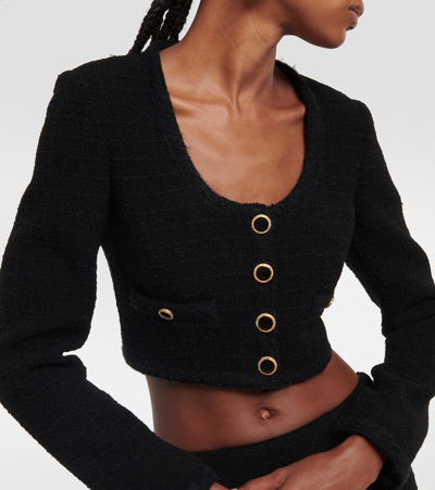 Shop Alessandra Rich Checked Cropped Tweed Blazer In Black