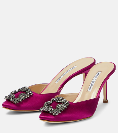Manolo Blahnik Hangisi 70mm Crystal-embellished Satin Mules In Purple