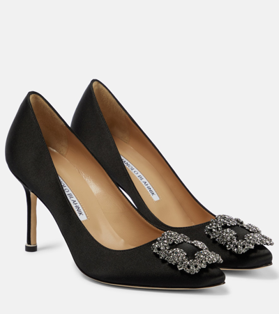 Shop Manolo Blahnik Hangisi 90 Embellished Satin Pumps In Black