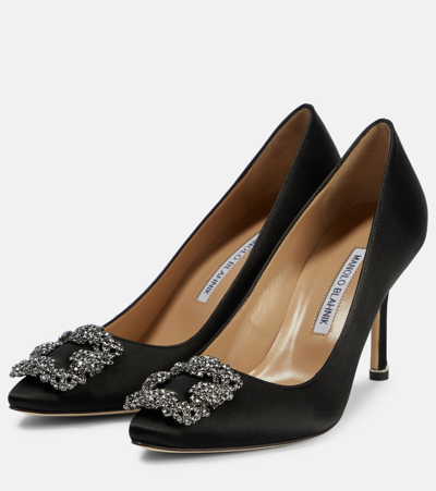 Shop Manolo Blahnik Hangisi 90 Embellished Satin Pumps In Black