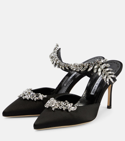 Shop Manolo Blahnik Lurum 90 Embellished Satin Mules In Black