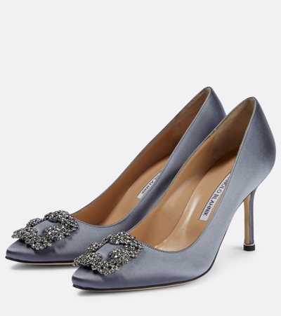 Manolo Blahnik Hangisi 90 Embellished Glittered Satin Pumps In Grey