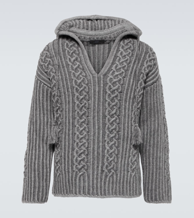 Shop Alanui Cable-knit Virgin Wool Hoodie In Grey