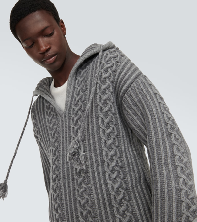 Shop Alanui Cable-knit Virgin Wool Hoodie In Grey