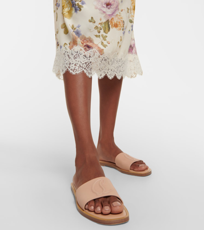 Christian Louboutin Cl Embossed Leather Slides In Neutrals