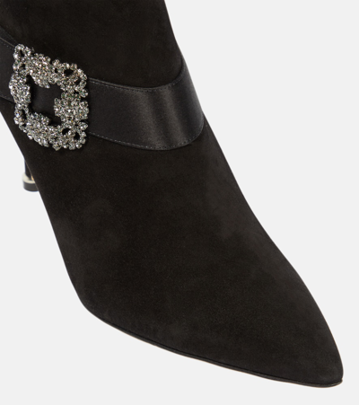 Manolo Blahnik Plinianu 90 Crystal-embellished Satin-trimmed Suede Ankle Boots In Black