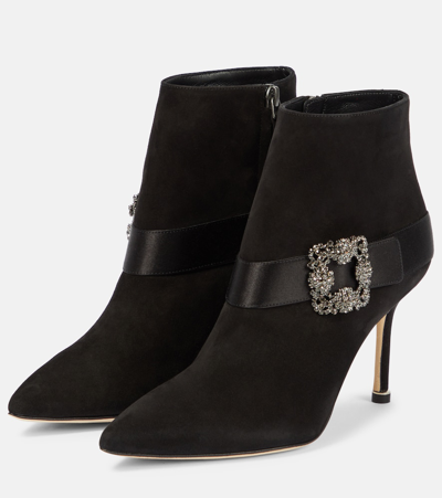 Manolo Blahnik Plinianu 90 Crystal-embellished Satin-trimmed Suede Ankle Boots In Black