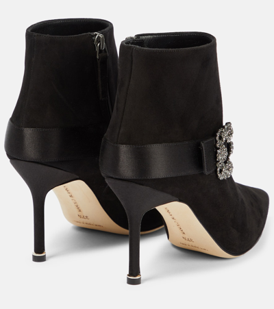 Manolo Blahnik Plinianu 90 Crystal-embellished Satin-trimmed Suede Ankle Boots In Black