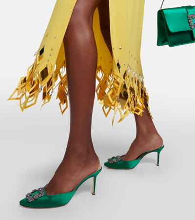 Shop Manolo Blahnik Hangisimu 70 Embellished Satin Mules In Green