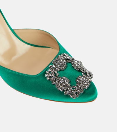 Manolo Blahnik Hangisimu 70 Satin Mules With Fmc Crystal Buckle In Green