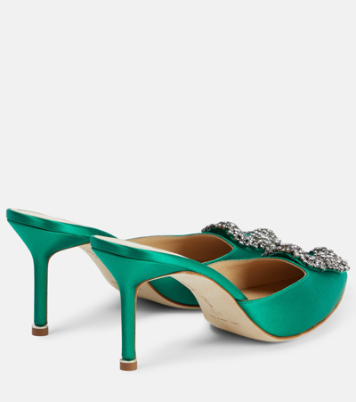 Shop Manolo Blahnik Hangisimu 70 Embellished Satin Mules In Green