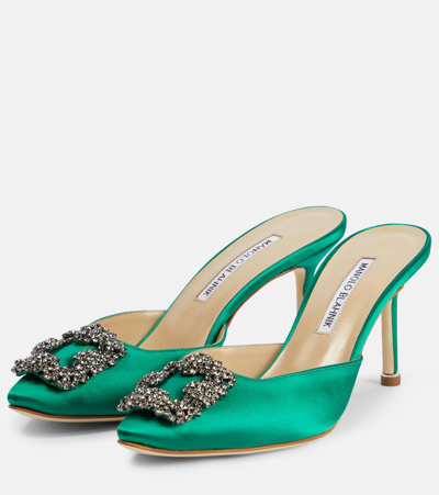 Shop Manolo Blahnik Hangisimu 70 Embellished Satin Mules In Green