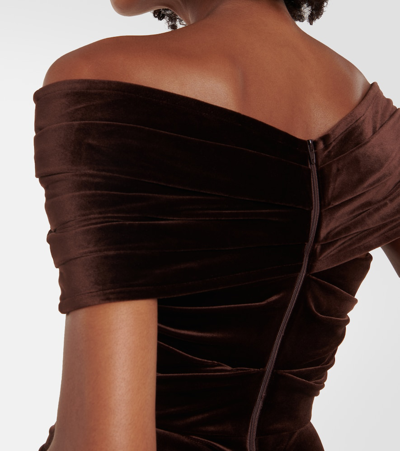 Shop Alex Perry Off-shoulder Velvet Midi Dress In Brown