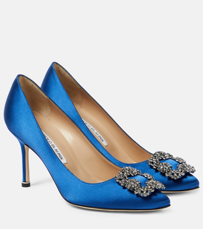 Shop Manolo Blahnik Hangisi 90 Embellished Satin Pumps In Blue