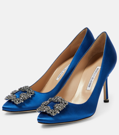 Shop Manolo Blahnik Hangisi 90 Embellished Satin Pumps In Blue