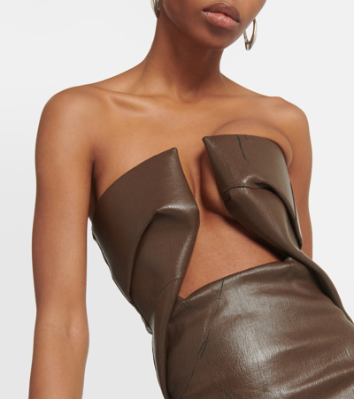 Rick Owens Strapless Coated Denim Gown In Brown
