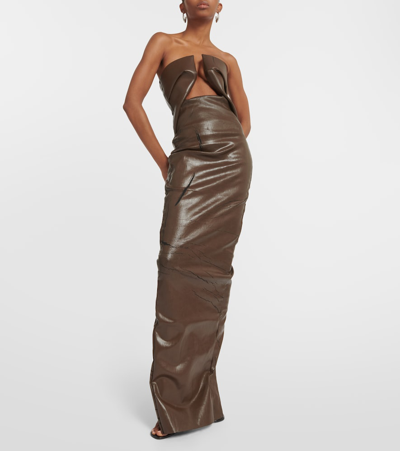 Shop Rick Owens Strapless Coated Denim Gown In Brown