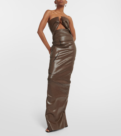 Rick Owens Strapless Coated Denim Gown In Brown