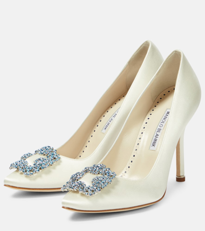 Shop Manolo Blahnik Bridal Hangisi 105 Embellished Satin Pumps In White