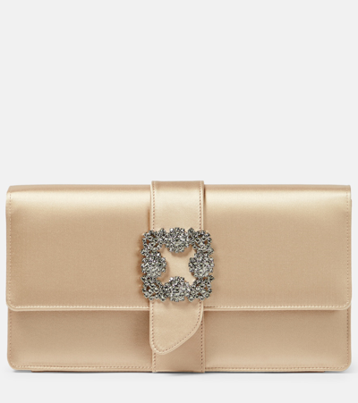 Shop Manolo Blahnik Capri Embellished Satin Clutch In Beige