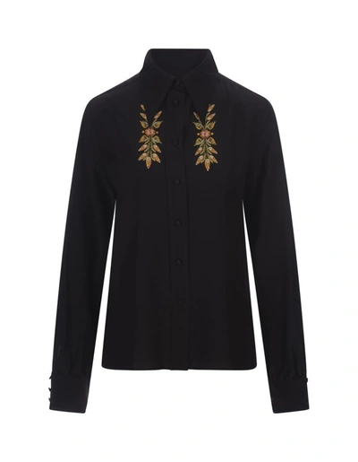 Shop Etro Silk Shirt With Foliage Embroidery In Black