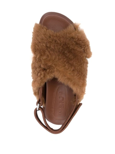 Shop Marni Fussbett Crisscross Sandal Monochrome In Shearling With Logo Back Strap Shoes In Brown