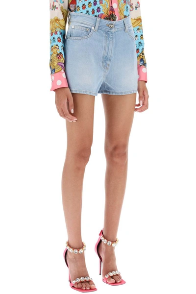 Shop Versace Butterflies & Ladybugs Denim Shorts In Blue