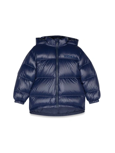 Shop Versace Down Jacket With Logo Unisex In Blue