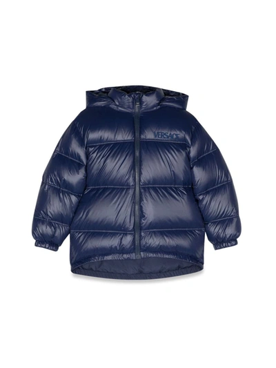 Versace Logo-embroidered Padded Jacket In Blue