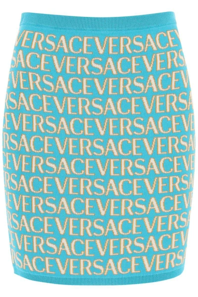 Shop Versace Monogram Knit Mini Skirt In Blue