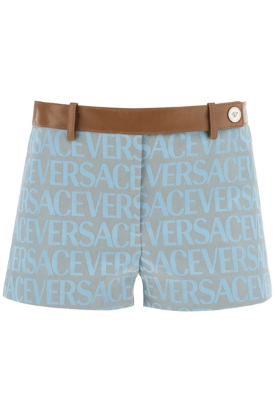 Shop Versace Monogram Shorts With Leather Band In Blue