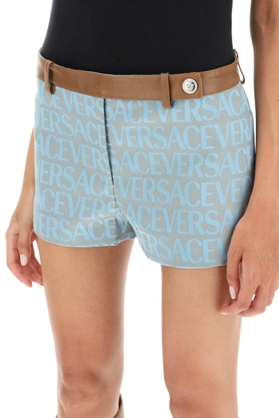 Shop Versace Monogram Shorts With Leather Band In Blue