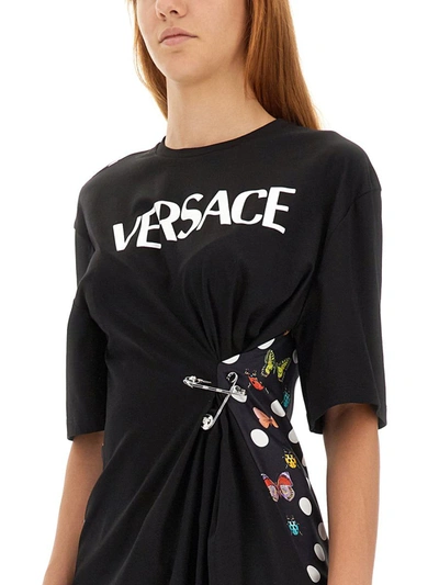 Shop Versace T-shirt With Butterflies And Safety Pin Logo In Black