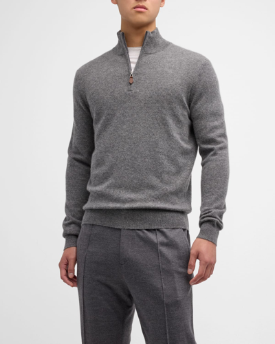 Shop Neiman Marcus Men's Cashmere Quarter-zip Sweater In Heather Grey