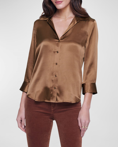 Shop L Agence Dani Silk Satin 3/4-sleeve Button-down Blouse In Fawn