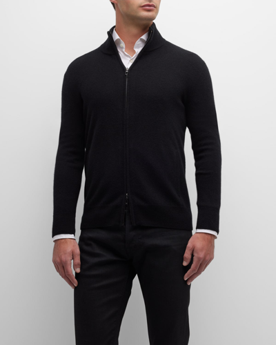 Shop Neiman Marcus Men's Recycled Cashmere Full-zip Sweater In Black
