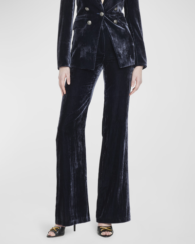 Shop Veronica Beard Lebone Velvet Wide-leg Tailored Pants In Navy